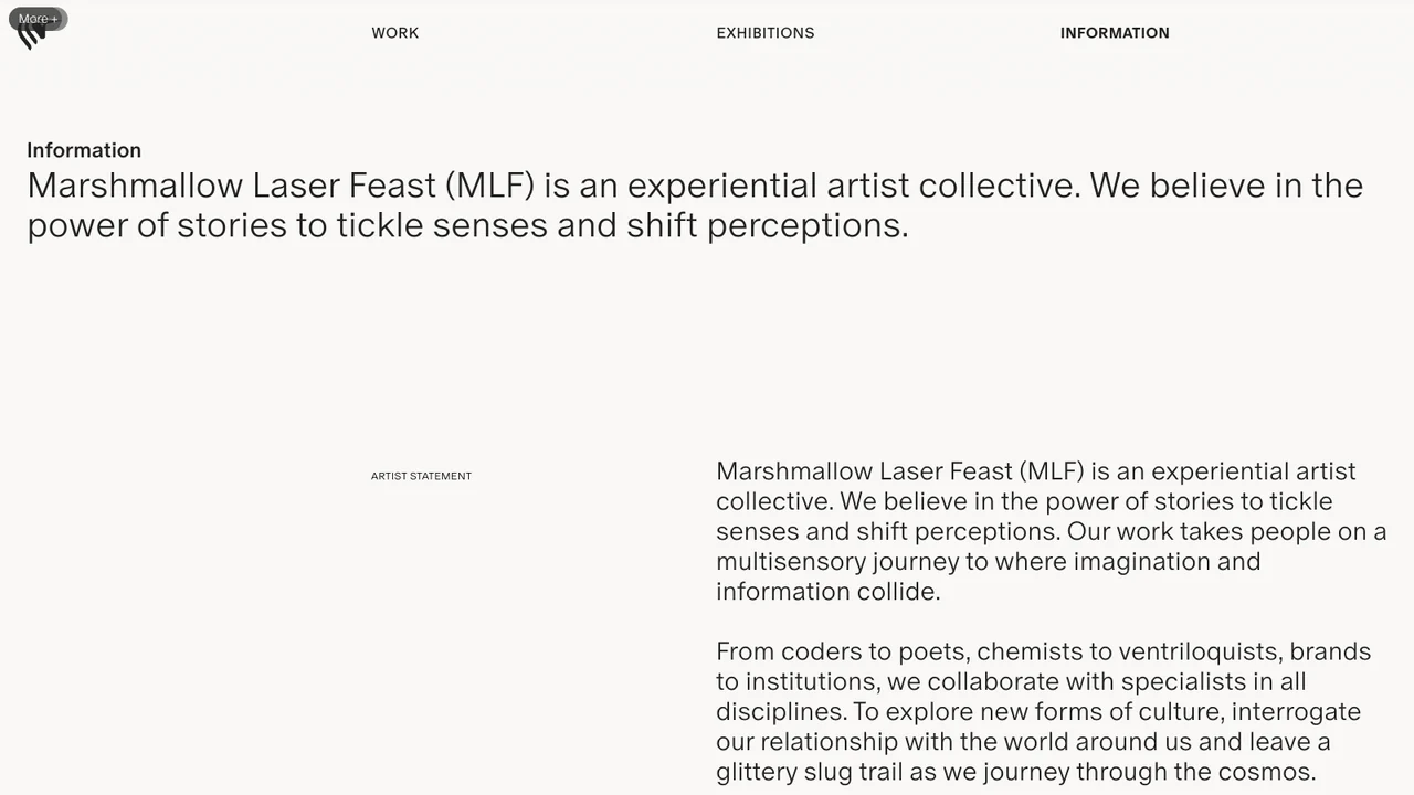 Marshmallow Laser Feast information page, showing its artist statement describing the group as an experiential artist collective.