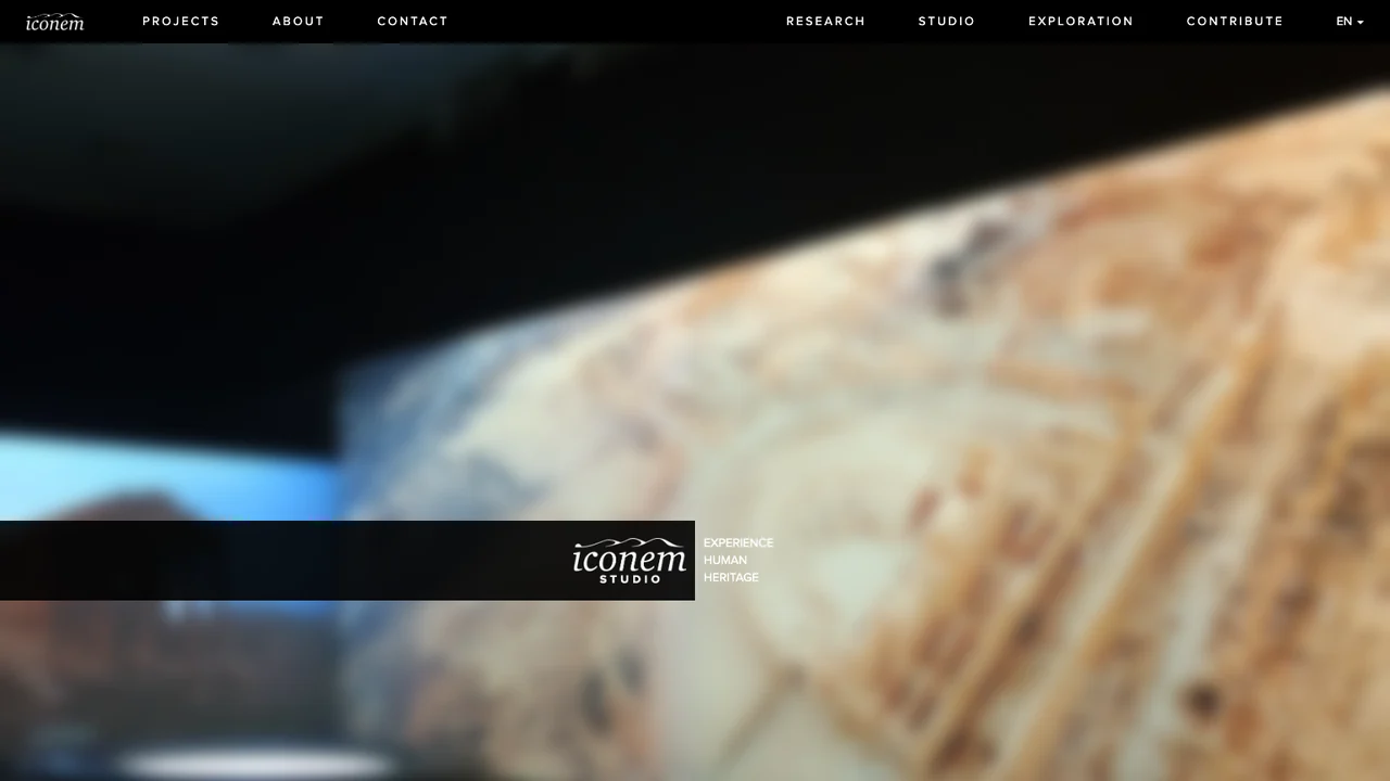 Iconem website homepage, showing a large-scale projection of a digitised heritage site with the Iconem Studio logo.