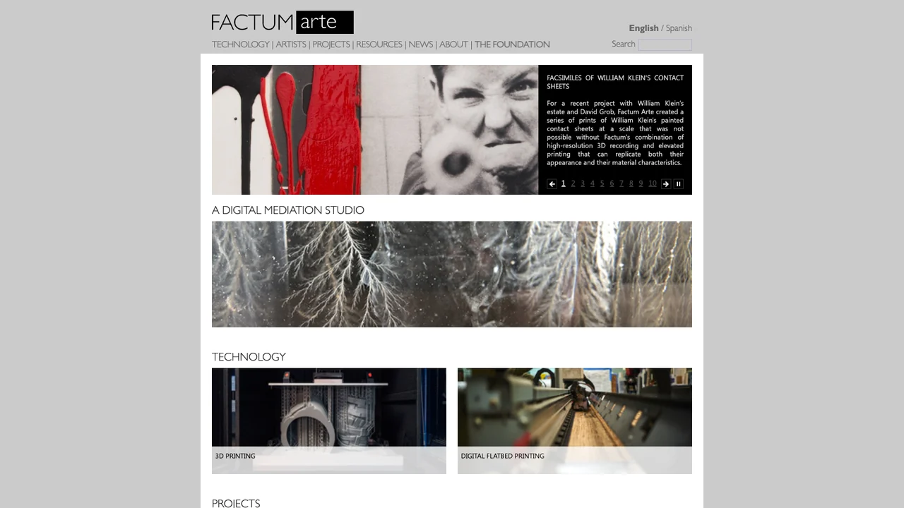 Factum Arte website homepage, headed A digital mediation studio, showing its technology and projects sections.