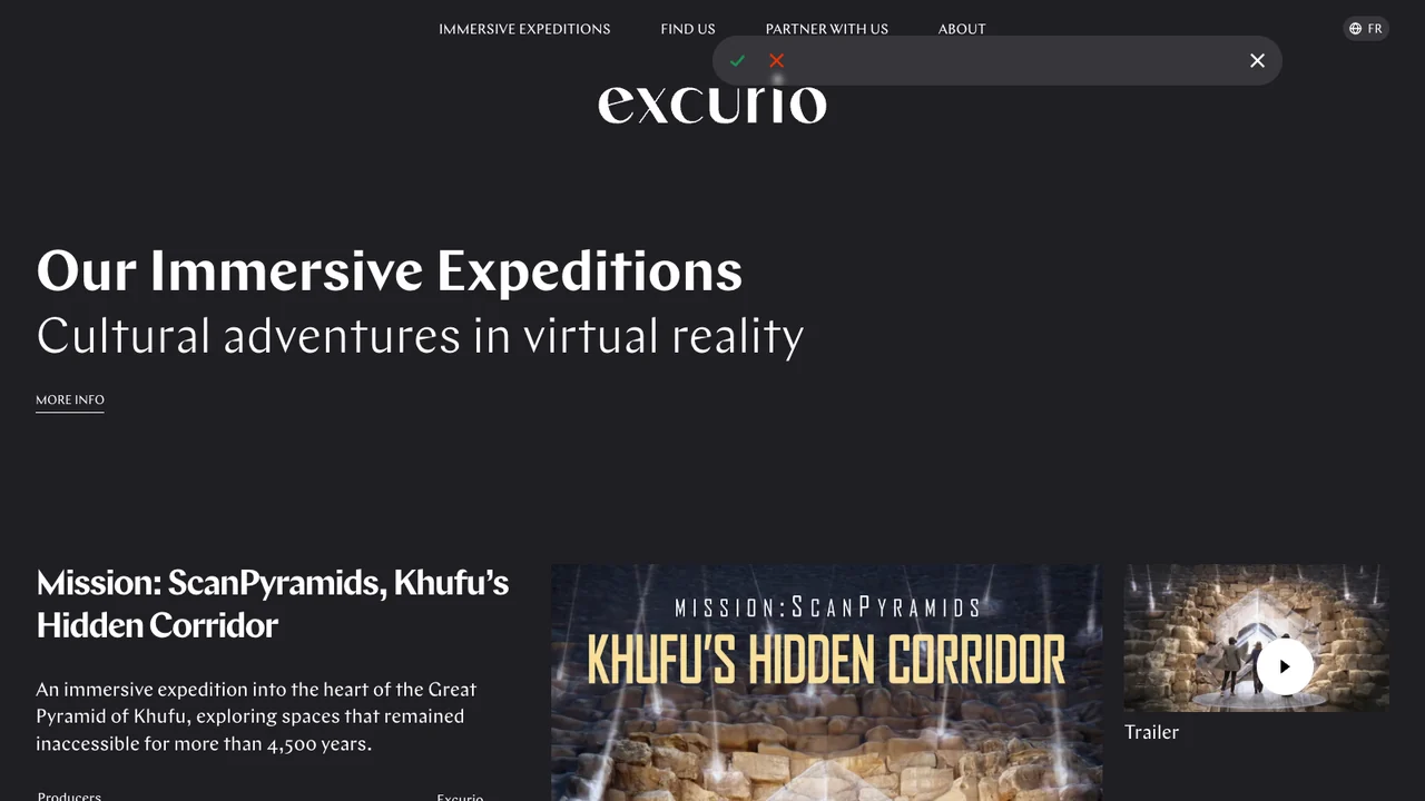 Excurio immersive expeditions page, headed Our Immersive Expeditions, cultural adventures in virtual reality, listing the Mission ScanPyramids expedition.