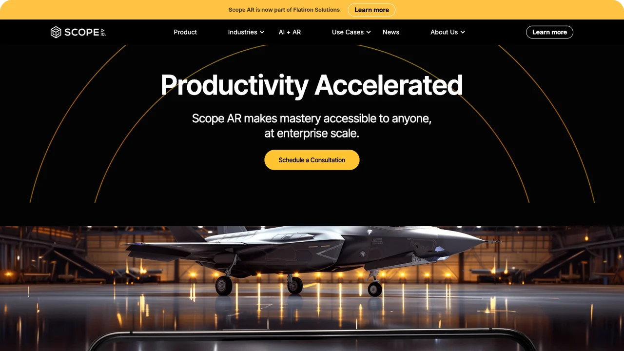 Scope AR website homepage, headed Productivity Accelerated, with a banner stating Scope AR is now part of Flatiron Solutions.