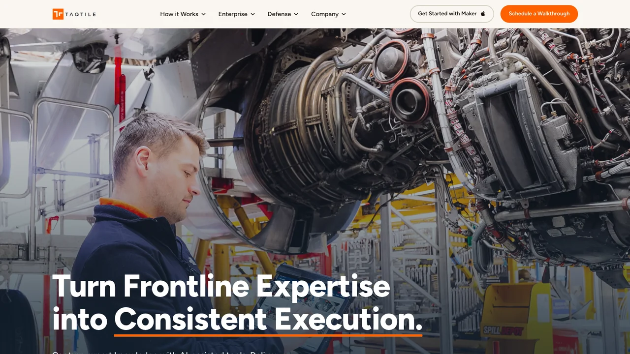 Taqtile website homepage, headed Turn frontline expertise into consistent execution, showing an engineer working on an aircraft engine.