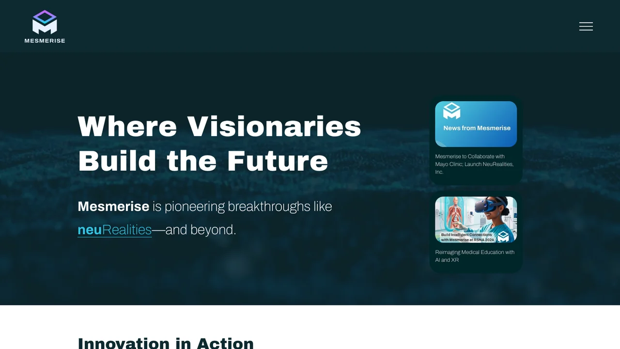 Mesmerise Group website homepage, headed Where visionaries build the future, linking to its neuRealities venture.