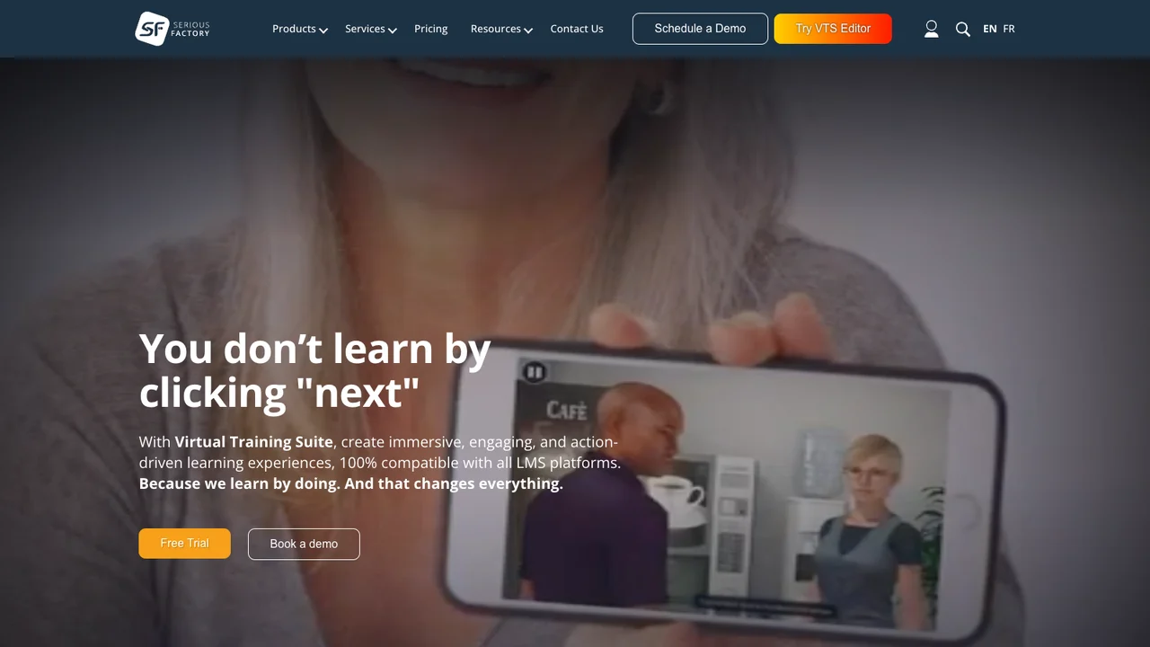 Serious Factory website homepage, headed You don't learn by clicking next, showing a scenario played back on a phone.