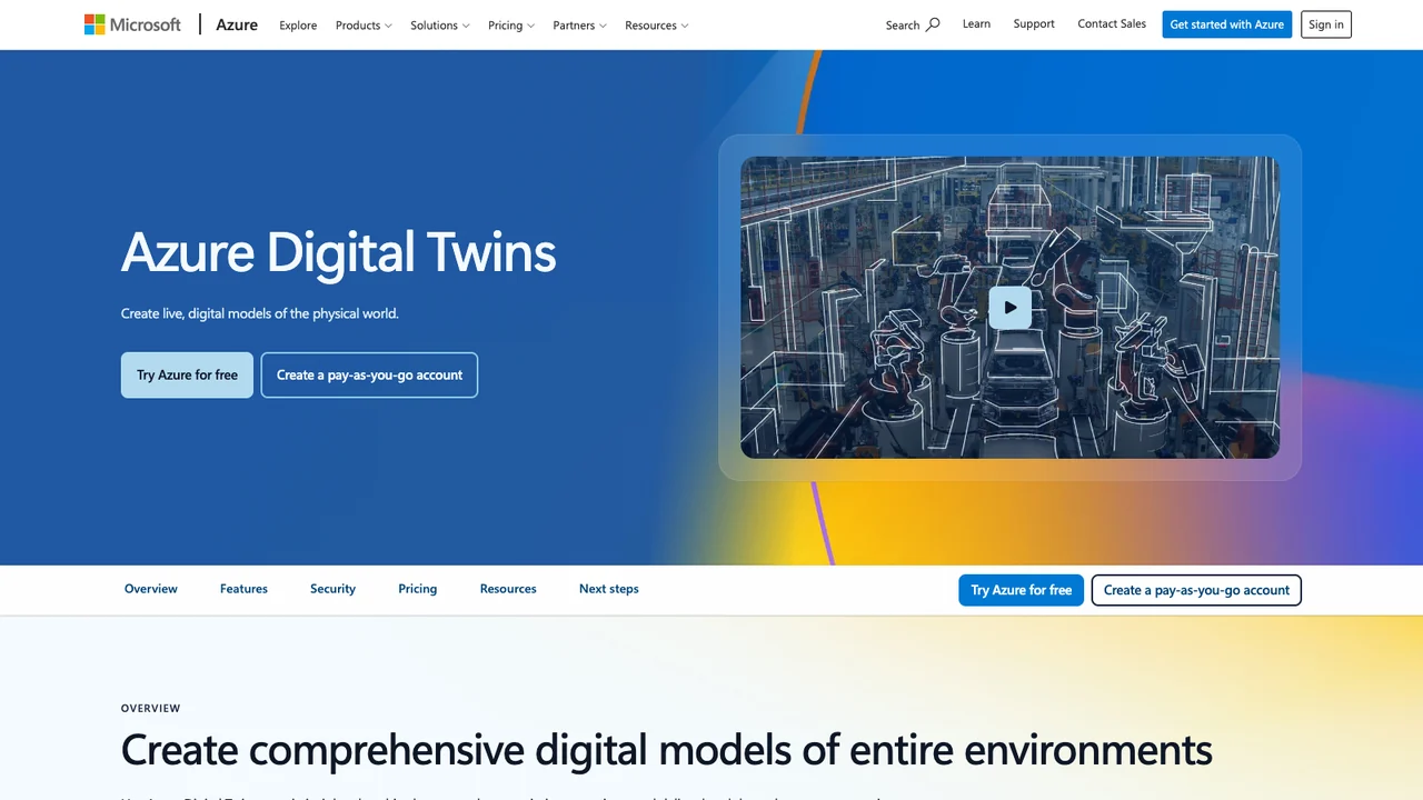 Microsoft Azure Digital Twins product page, headed Create live digital models of the physical world.