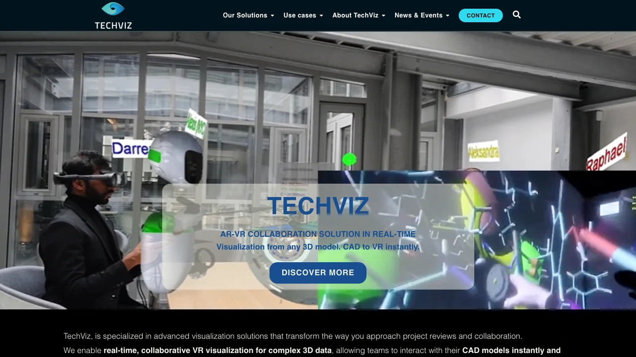 TechViz website homepage, showing collaborative VR review of a 3D CAD model with named participants labelled in the scene.