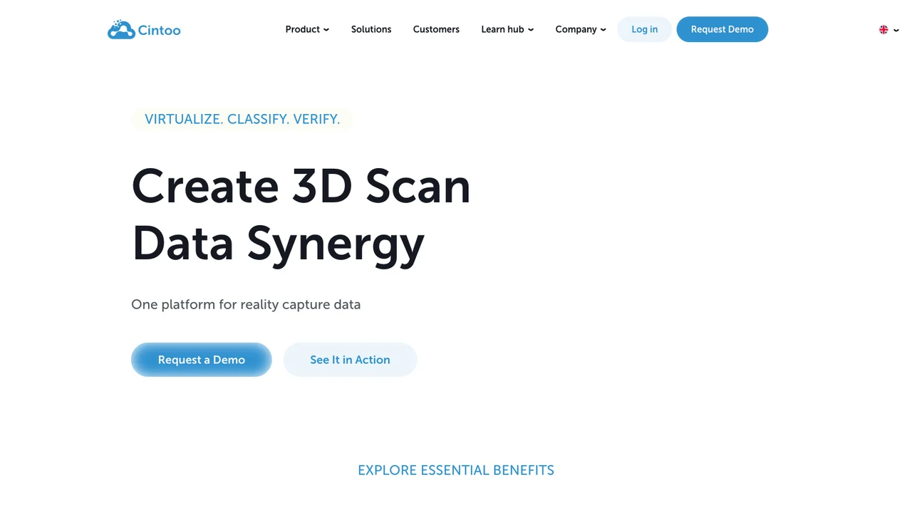 Cintoo website homepage, headed Create 3D scan data synergy, describing one platform for reality capture data.