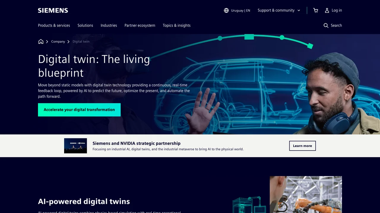Siemens digital twin page, headed Digital twin the living blueprint, noting its strategic partnership with NVIDIA.