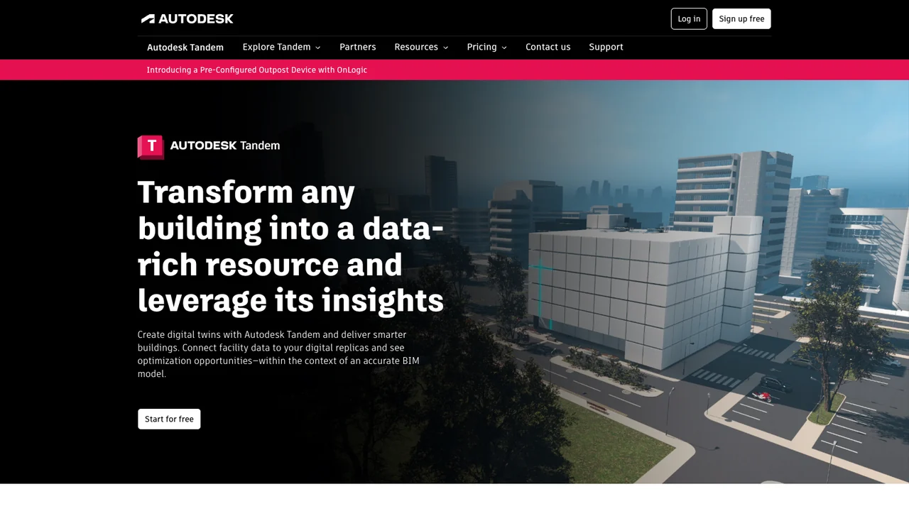 Autodesk Tandem product page, headed Transform any building into a data-rich resource and leverage its insights.