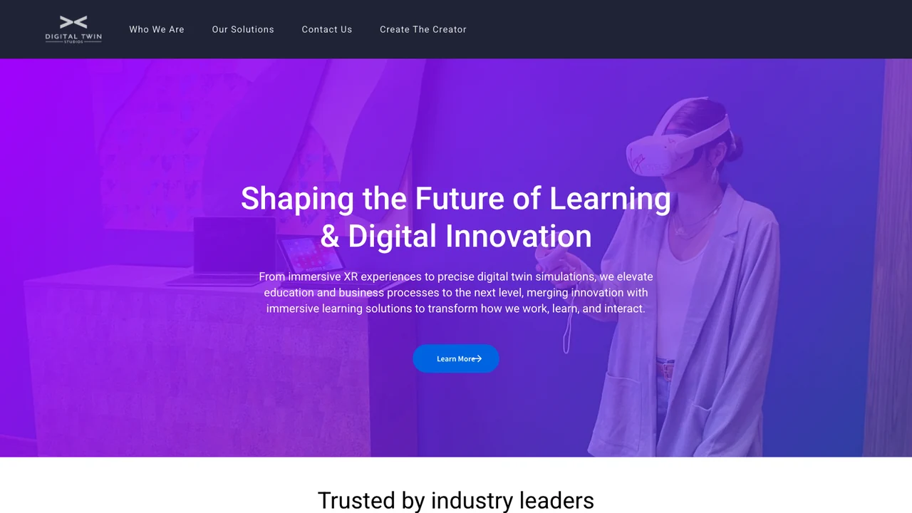 Digital Twin Studios website homepage, headed Shaping the future of learning and digital innovation.