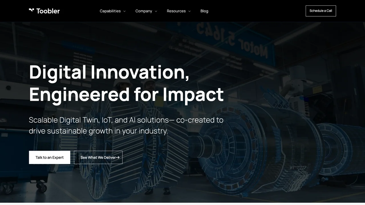 Toobler website homepage, headed Digital innovation engineered for impact, over an image of industrial machinery.