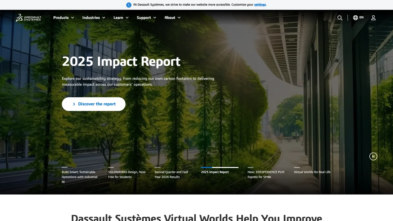 Dassault Systemes website homepage, showing its 2025 Impact Report feature and Virtual Worlds for Real Life positioning.