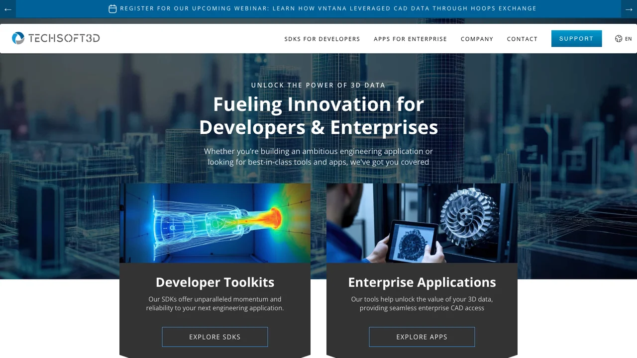 Tech Soft 3D website homepage, headed Fueling innovation for developers and enterprises, showing its SDK and enterprise application lines.