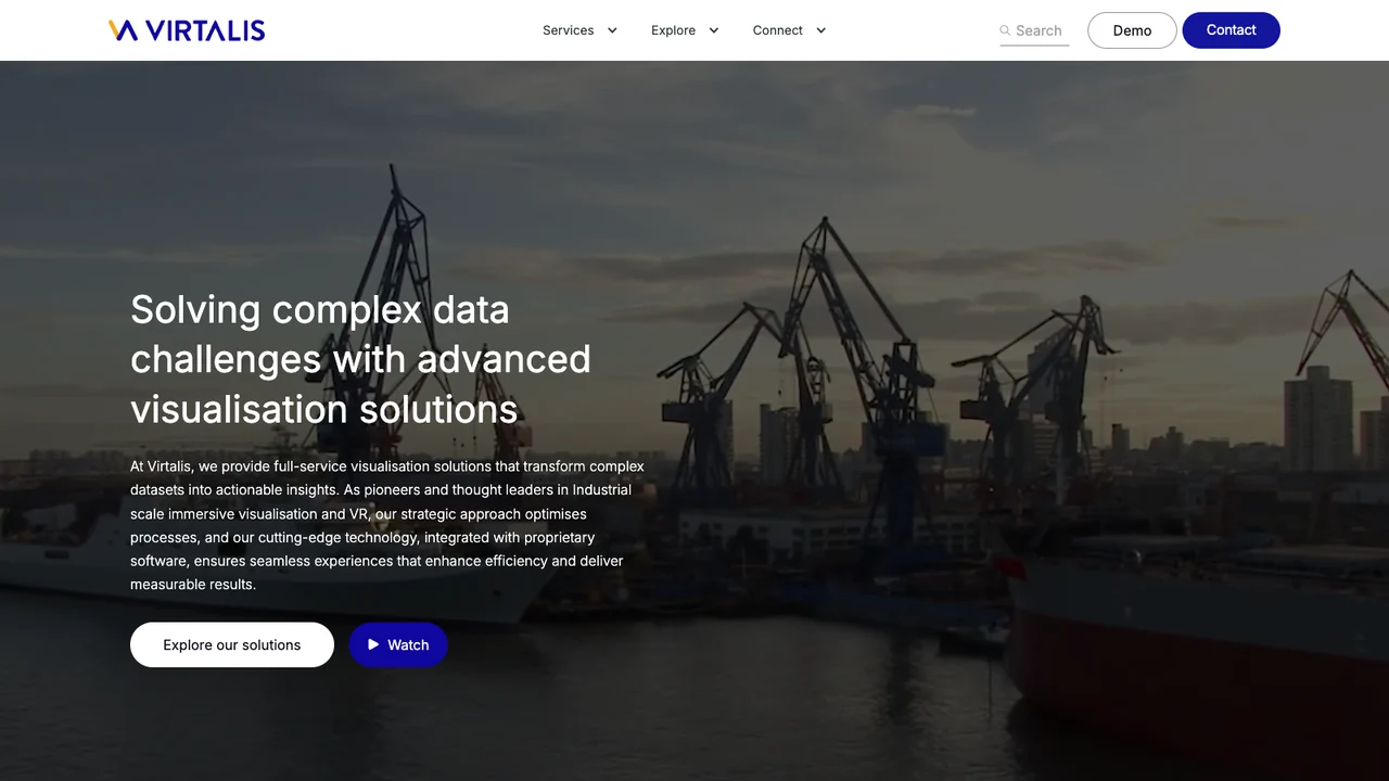 Virtalis website homepage, headed Solving complex data challenges with advanced visualisation solutions, over a shipyard image.