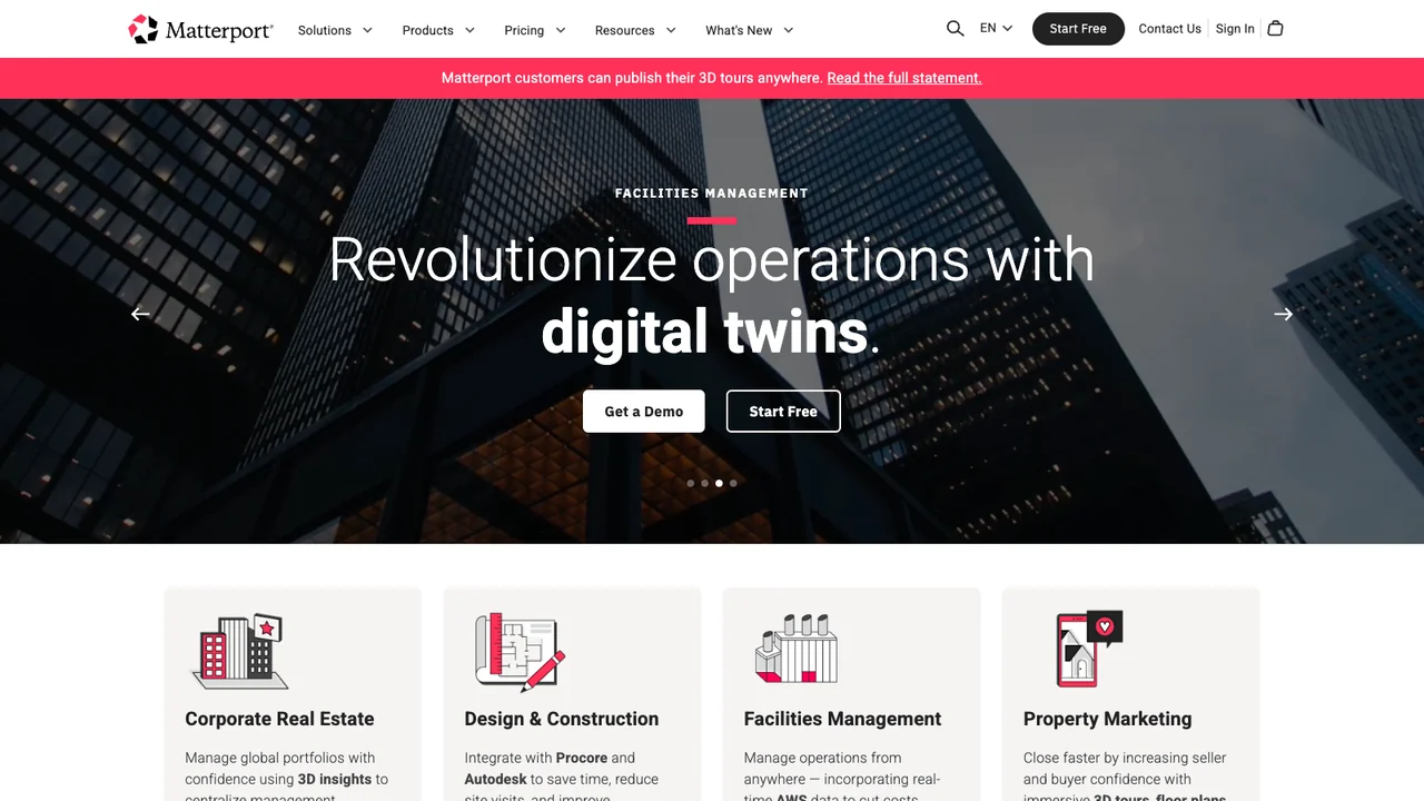 Matterport website homepage, headed Revolutionize operations with digital twins, above its solution categories.