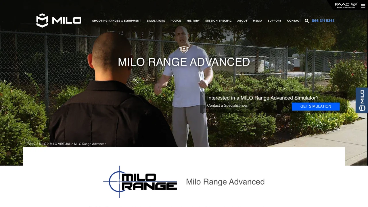 FAAC MILO Range Advanced page, showing a use of force training scenario played out on screen.