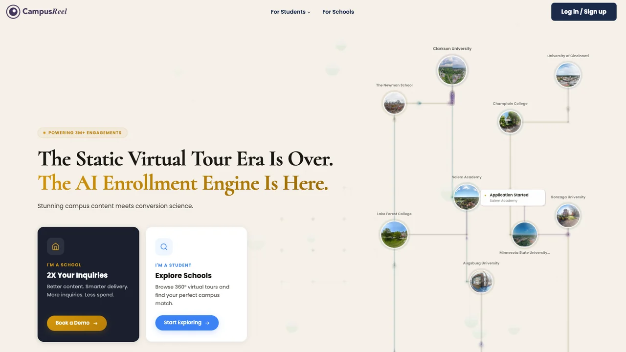 CampusReel website homepage, headed The static virtual tour era is over, the AI enrollment engine is here.
