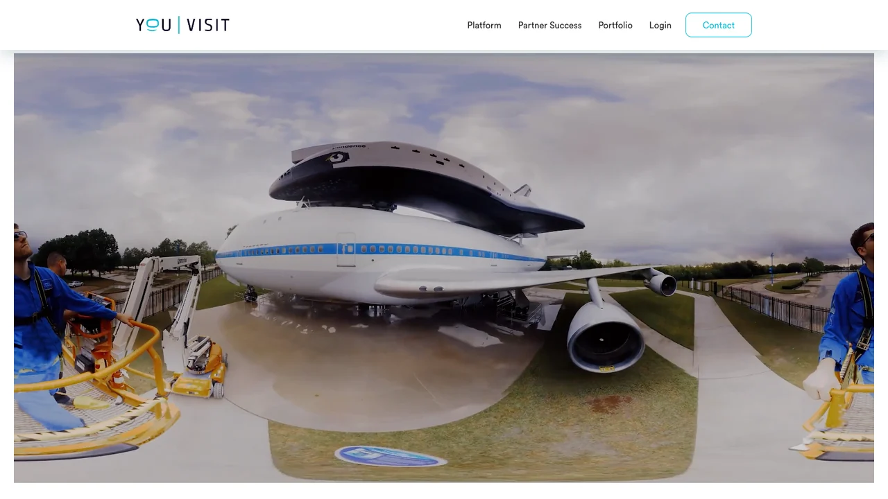 YouVisit website homepage showing a 360 degree virtual tour of aircraft maintenance training.