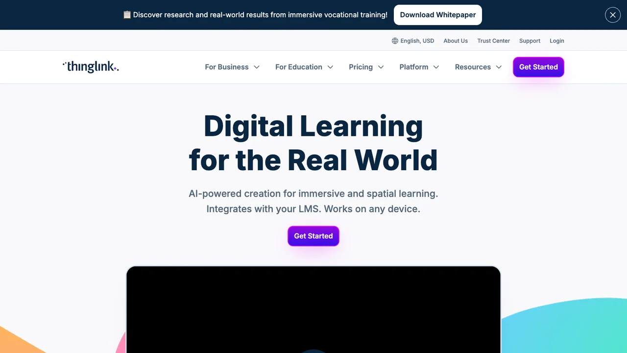 ThingLink website homepage, headed Digital learning for the real world, noting LMS integration and any-device support.