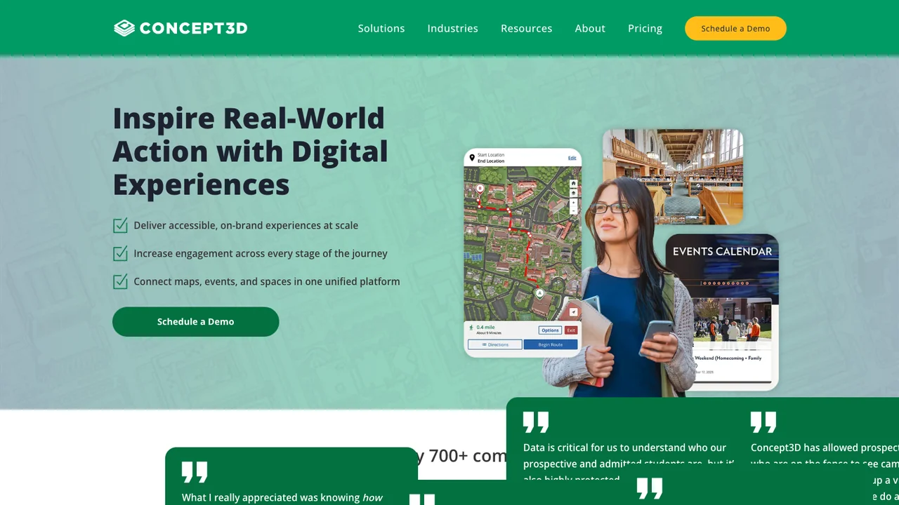 Concept3D website homepage, headed Inspire real-world action with digital experiences, showing campus maps and an events calendar.