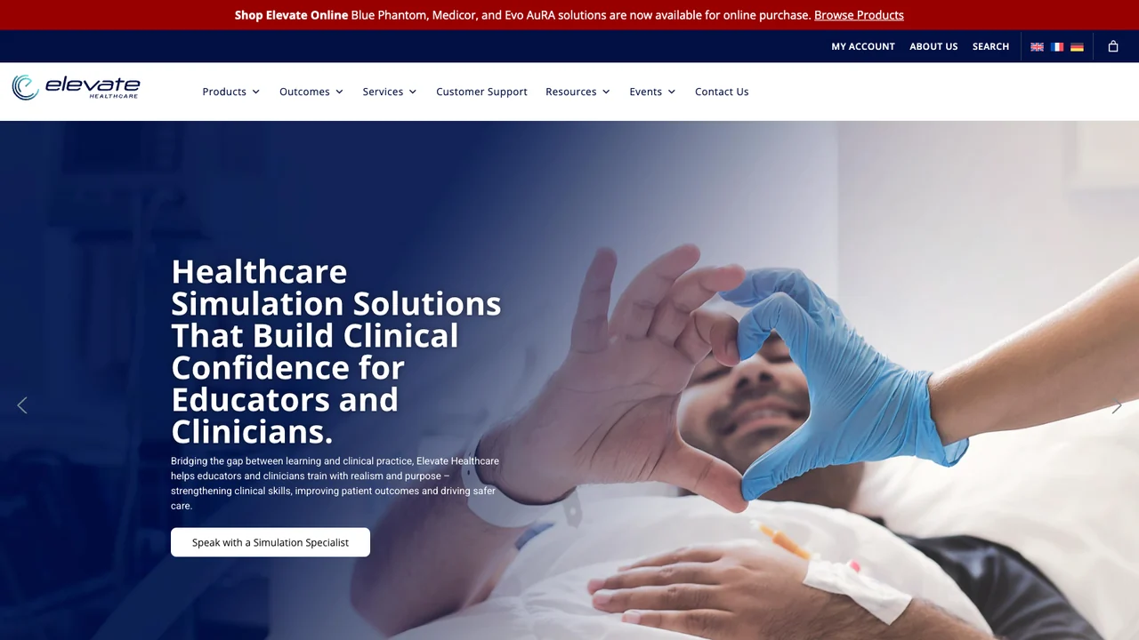 Elevate Healthcare website homepage, headed Healthcare simulation solutions that build clinical confidence for educators and clinicians.