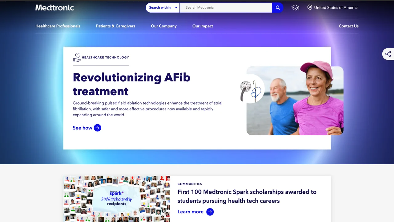 Medtronic website homepage, featuring its healthcare technology work on atrial fibrillation treatment.