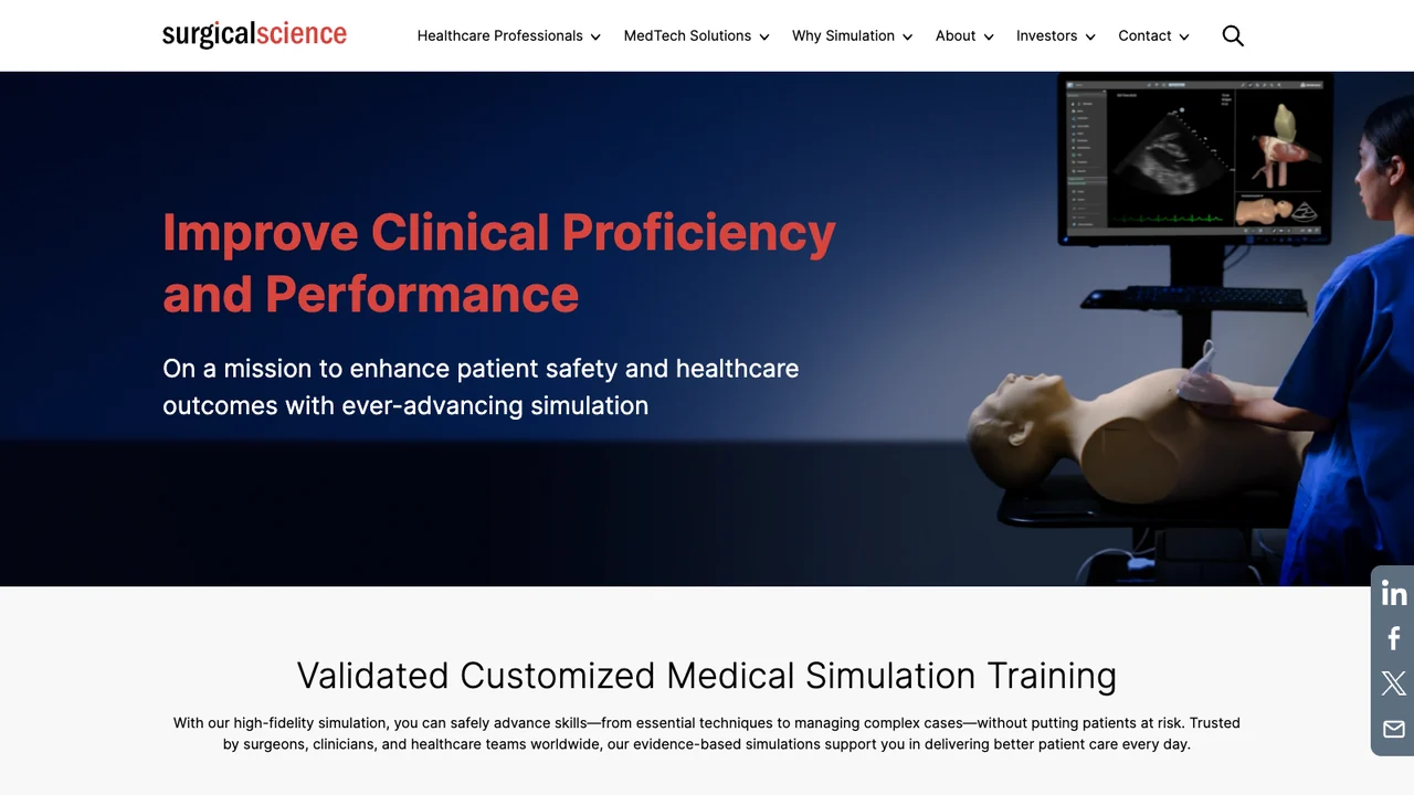 Surgical Science website homepage, headed Improve clinical proficiency and performance, showing ultrasound simulation training.