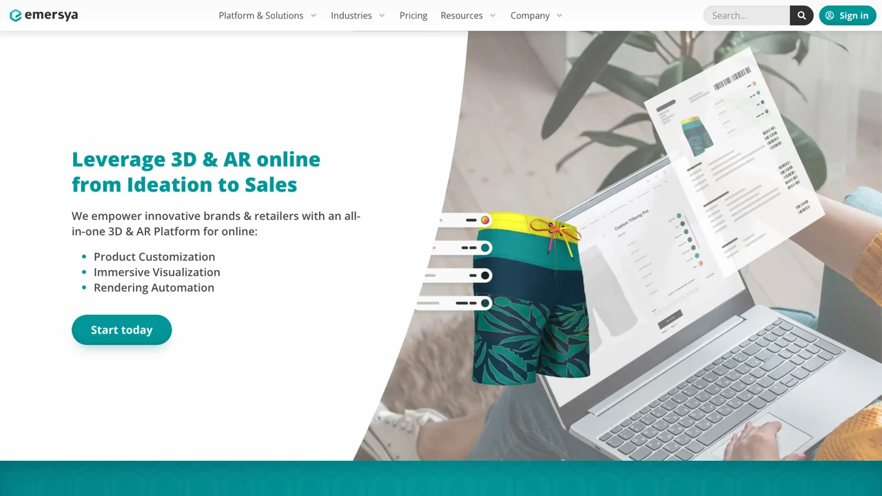 Emersya website homepage, headed Leverage 3D and AR online from ideation to sales.