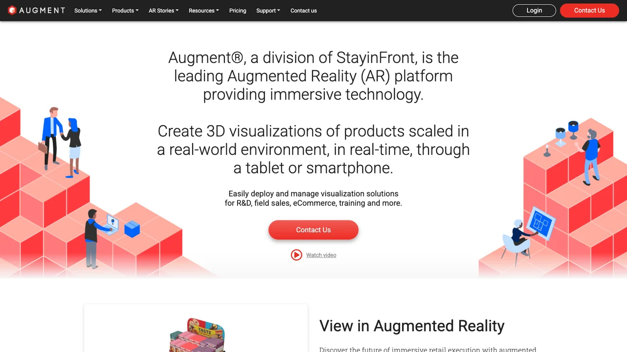 Augment website homepage, describing itself as a division of StayinFront providing an augmented reality platform.