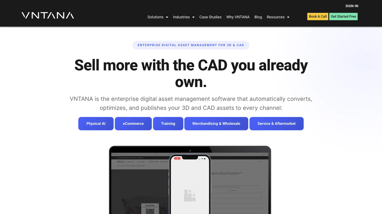 VNTANA website homepage, headed Sell more with the CAD you already own, describing enterprise 3D asset management.