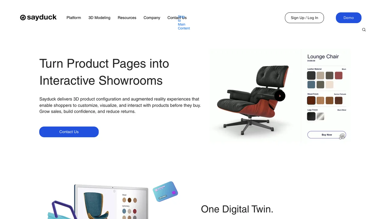 Sayduck website homepage, headed Turn product pages into interactive showrooms, showing a configurable chair.