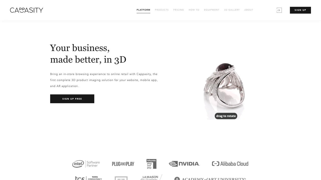 Cappasity website homepage, headed Your business made better in 3D, showing a 3D product spin of a ring.