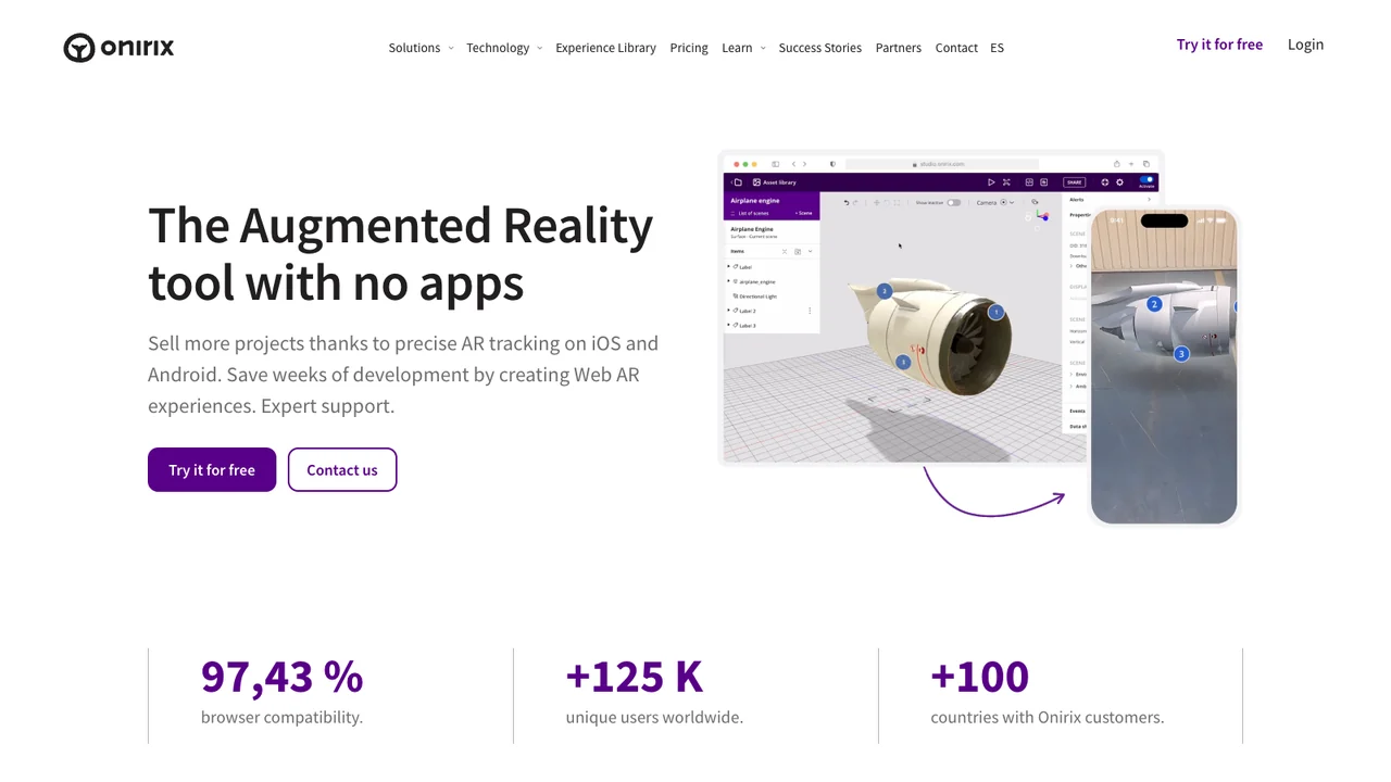 Onirix website homepage, headed The augmented reality tool with no apps, showing browser compatibility and user figures.