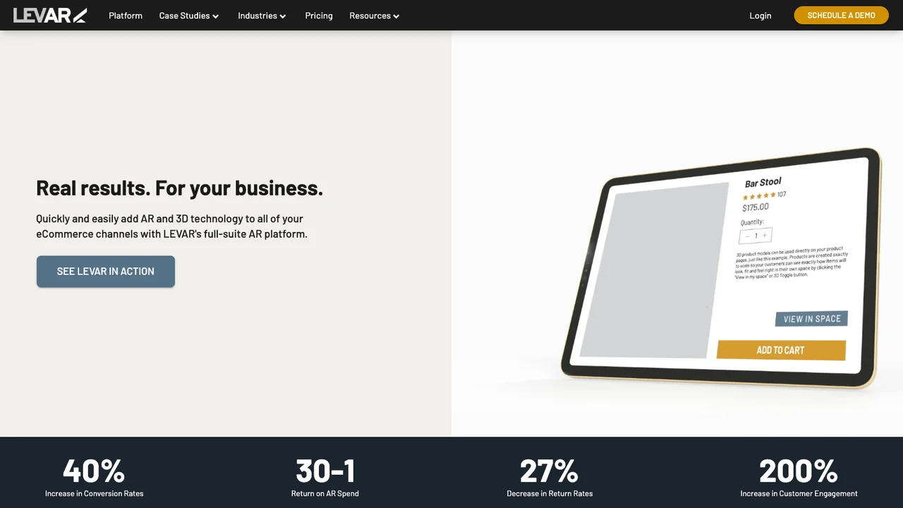 LEVAR website homepage, headed Real results for your business, showing its AR ecommerce platform.
