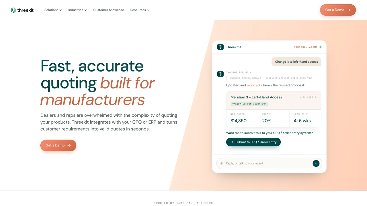 Threekit website homepage, headed Fast accurate quoting built for manufacturers.