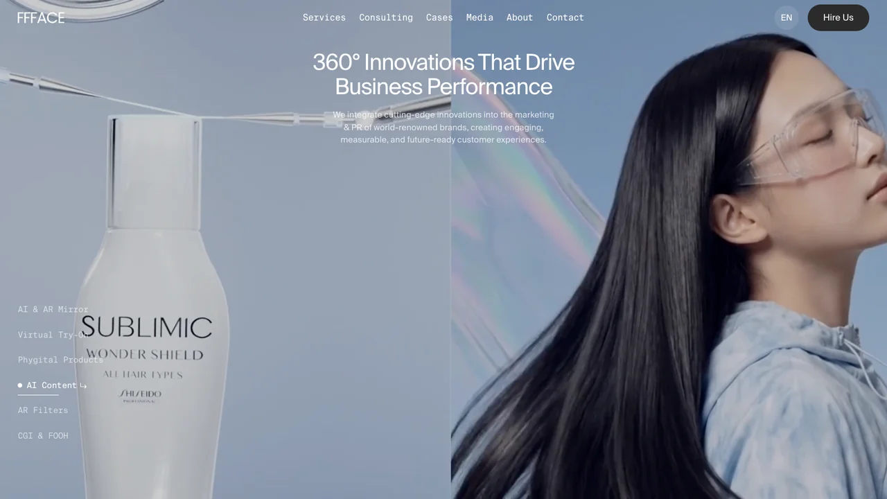 FFFACE.ME website homepage, headed 360 degree innovations that drive business performance, showing a beauty product AR experience.
