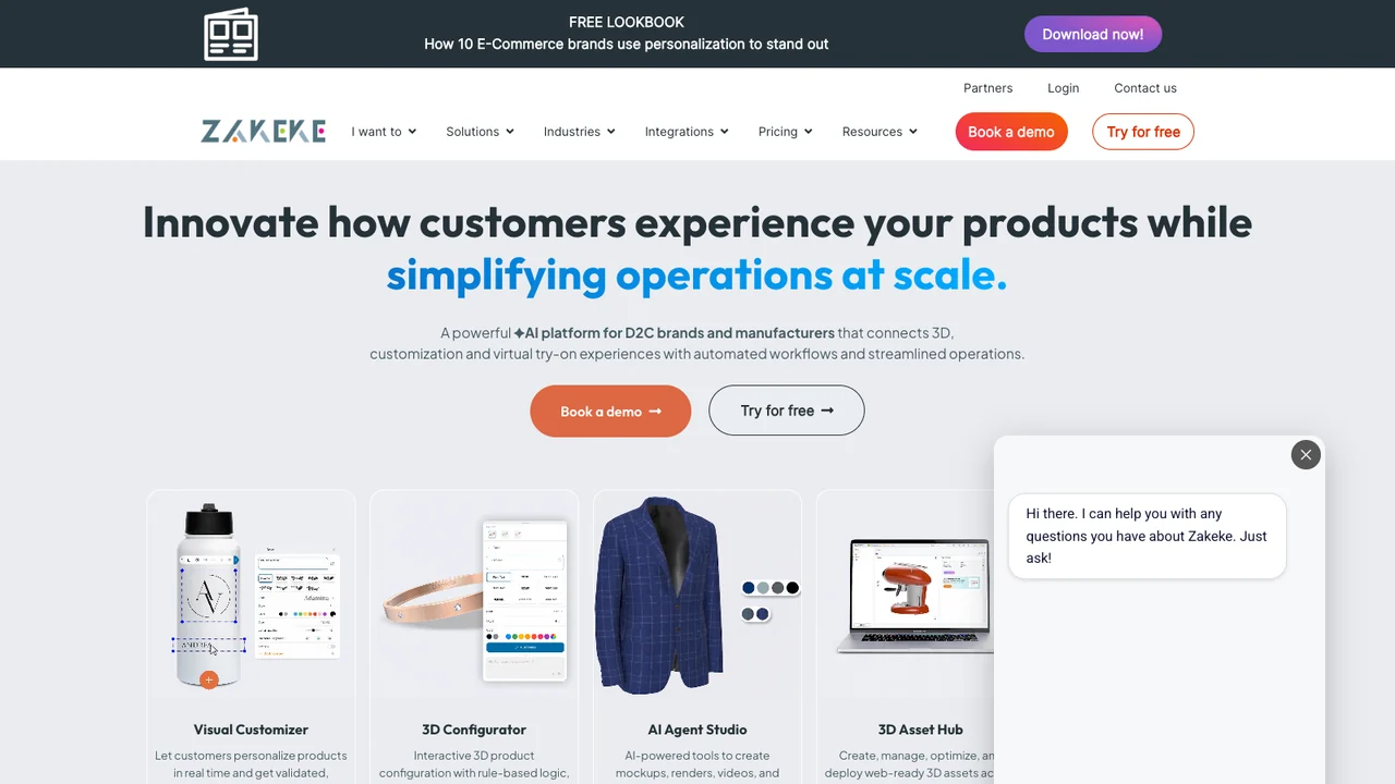 Zakeke website homepage, headed Innovate how customers experience your products while simplifying operations at scale.