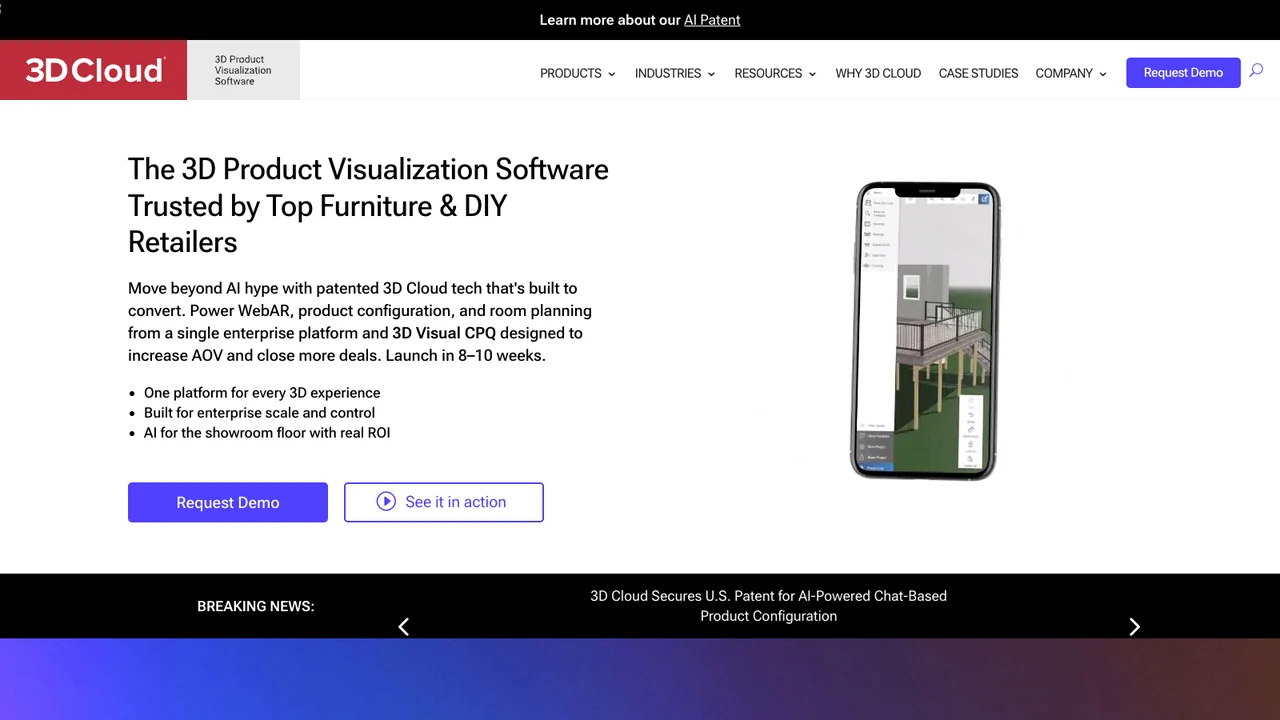 3D Cloud website homepage, headed The 3D product visualization software trusted by top furniture and DIY retailers.