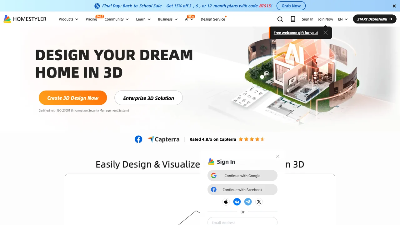 Homestyler website homepage, headed Design your dream home in 3D.