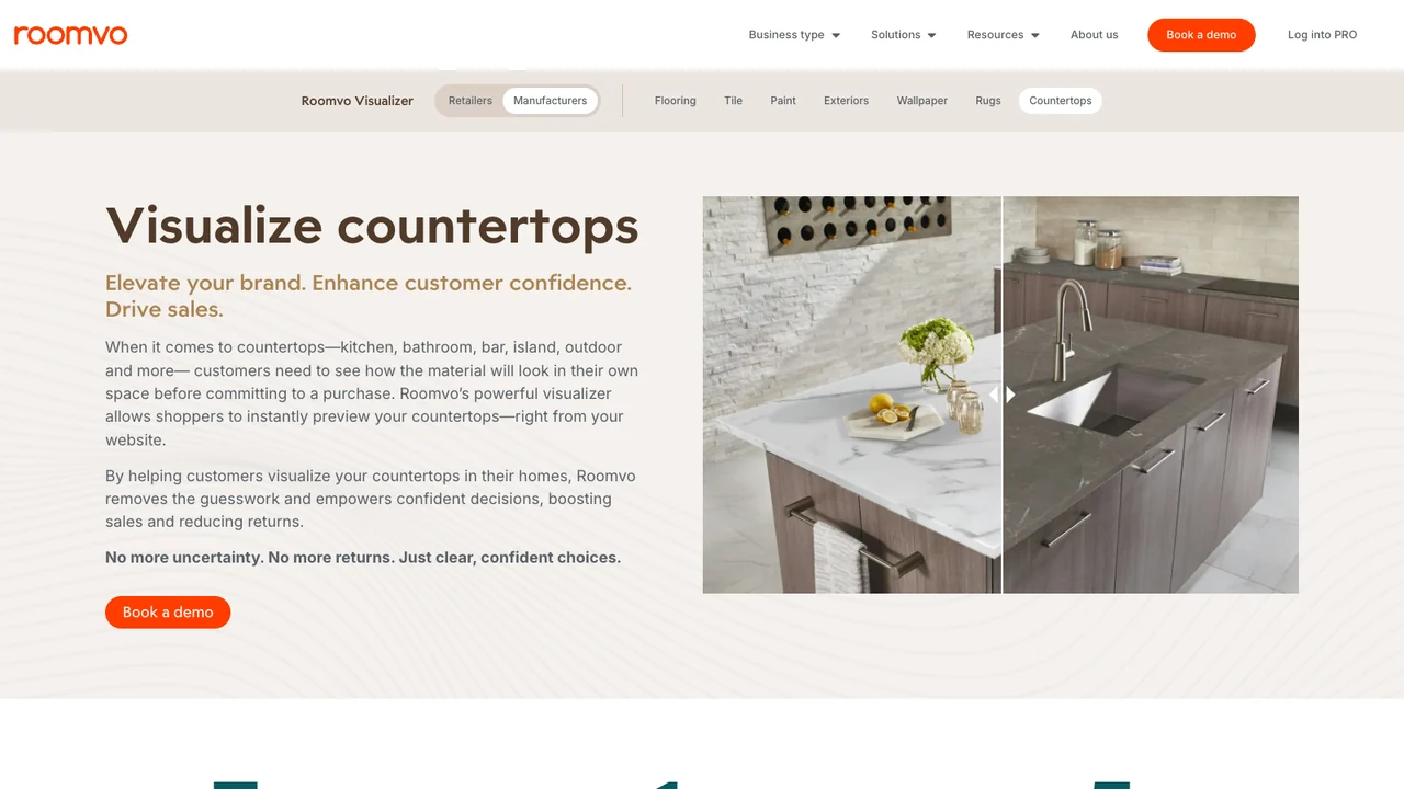 Roomvo visualizer page, headed Visualize countertops, showing a kitchen before and after in its room visualizer.