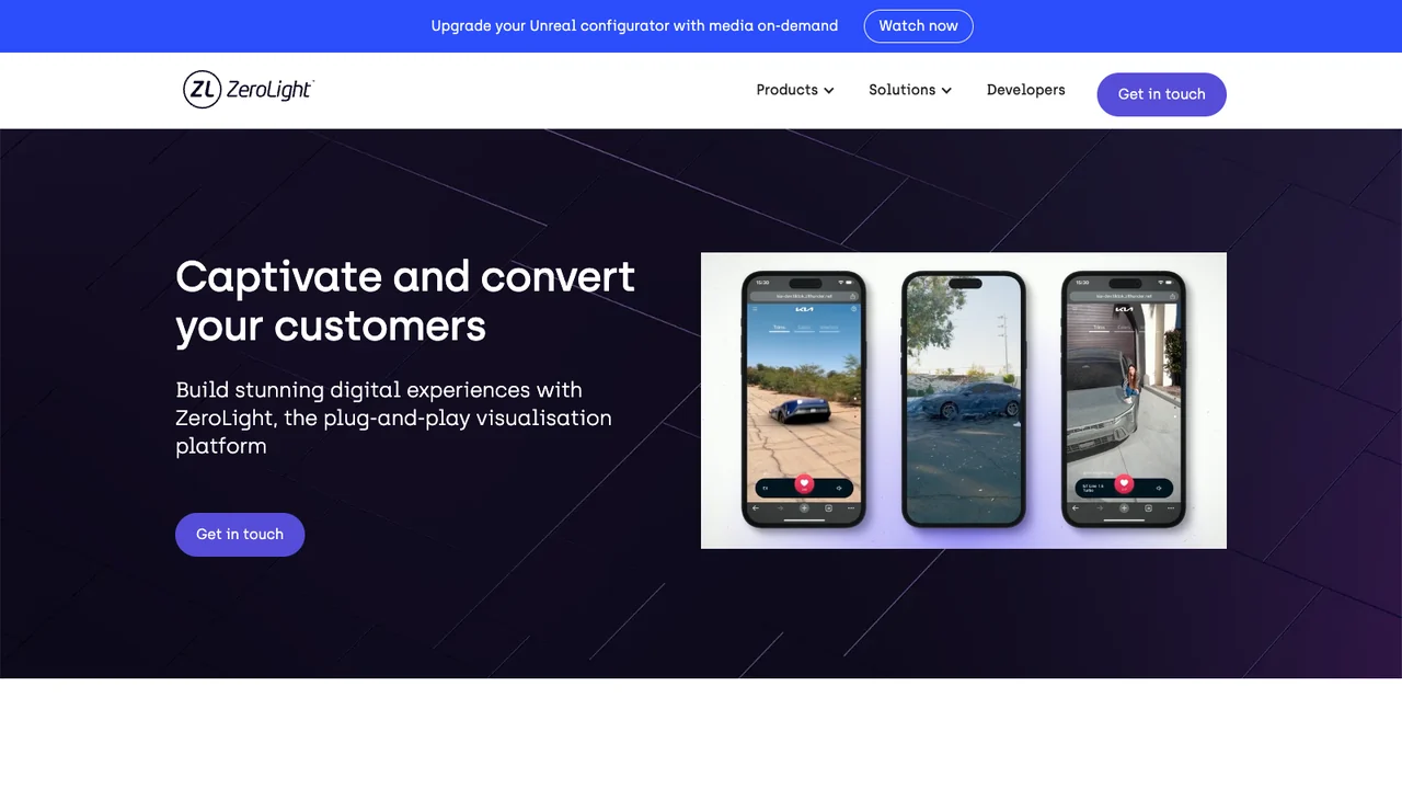ZeroLight website homepage, headed Captivate and convert your customers, describing its visualisation platform.
