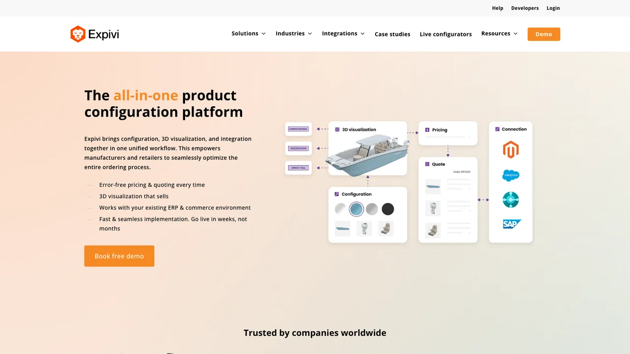 Expivi website homepage, headed The all-in-one product configuration platform.