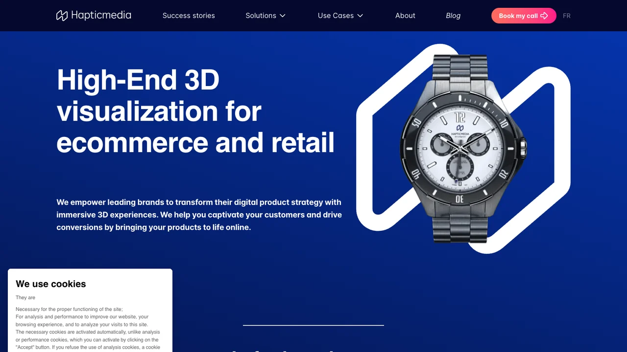 Hapticmedia website homepage, headed High-end 3D visualization for ecommerce and retail, showing a configurable watch.