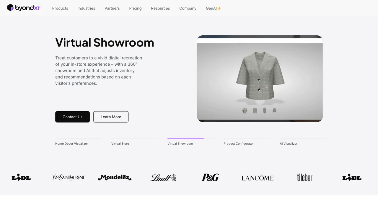 ByondXR website showing a virtual showroom product page alongside client logos including Lidl, Mondelez and Lancome.