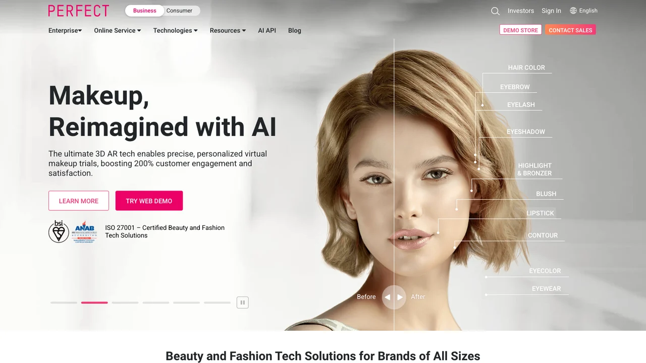 Perfect Corp business page, headed Makeup reimagined with AI, showing virtual try-on applied to a model.