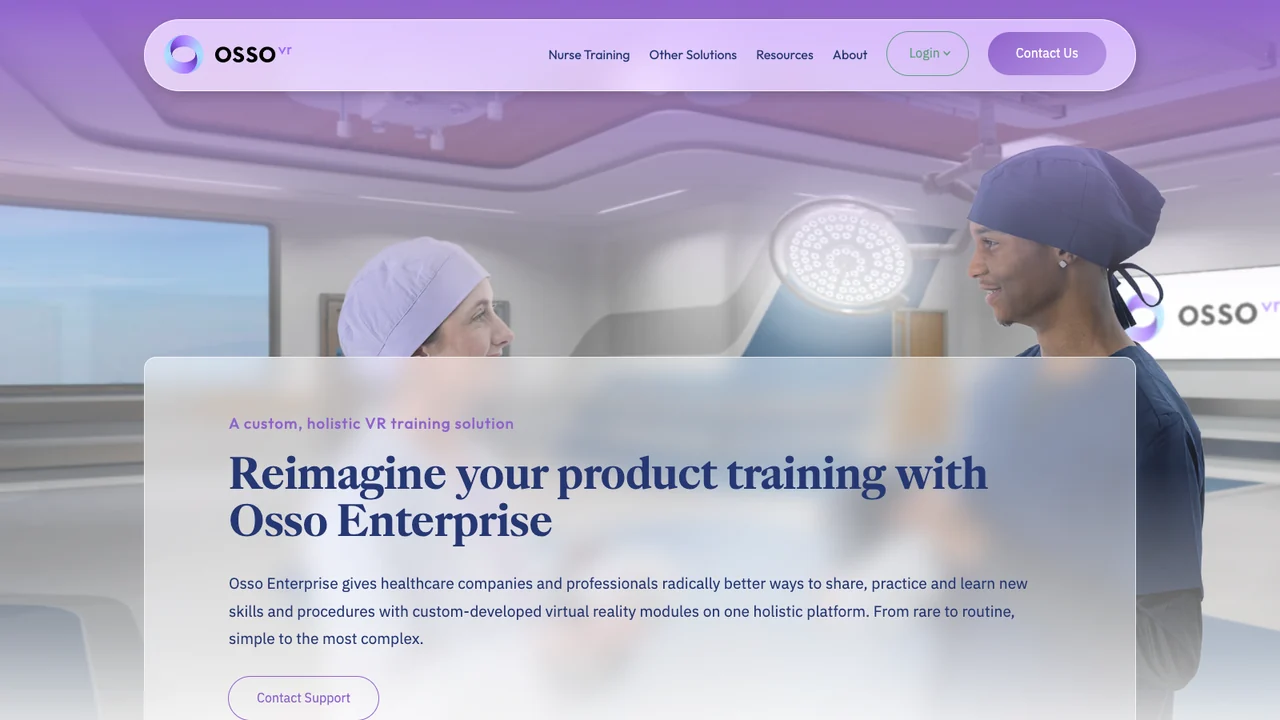 Osso VR Enterprise page, headed Reimagine your product training with Osso Enterprise, showing clinicians in an operating room.