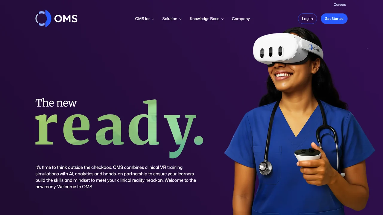 Oxford Medical Simulation website, headed The new ready, showing a nurse wearing a VR headset.