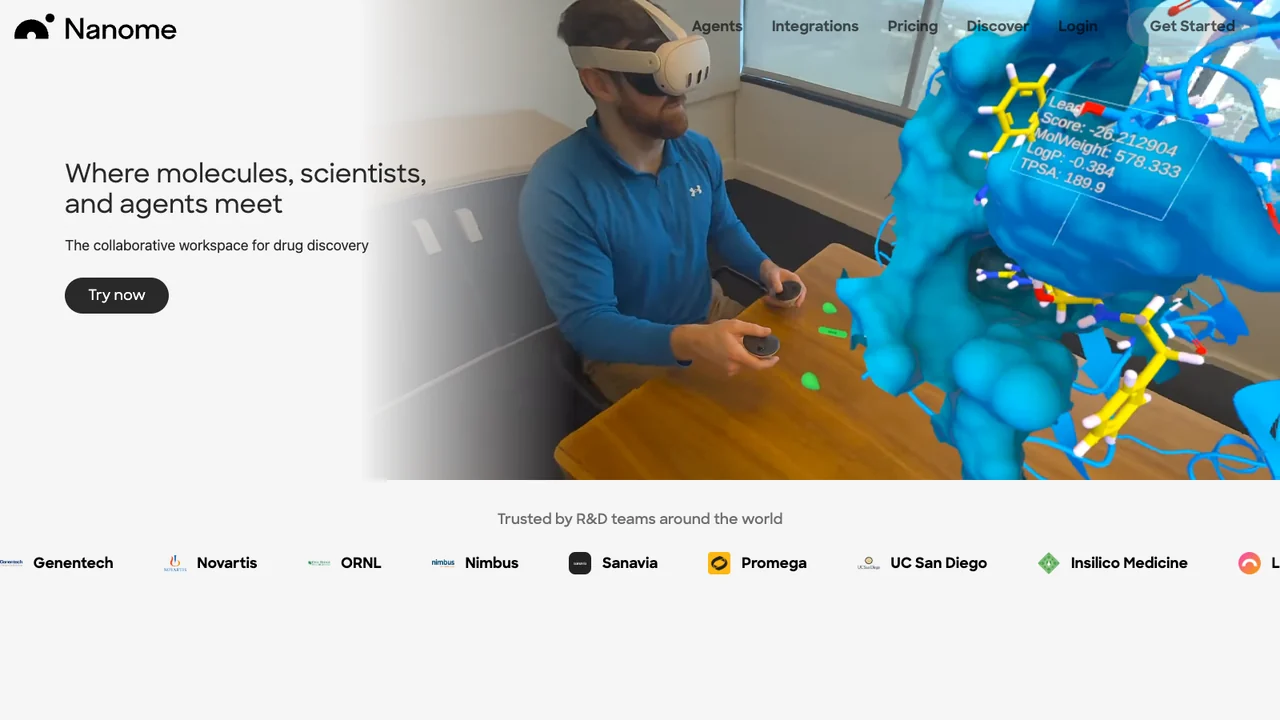 Nanome website homepage, headed Where molecules, scientists and agents meet, the collaborative workspace for drug discovery.