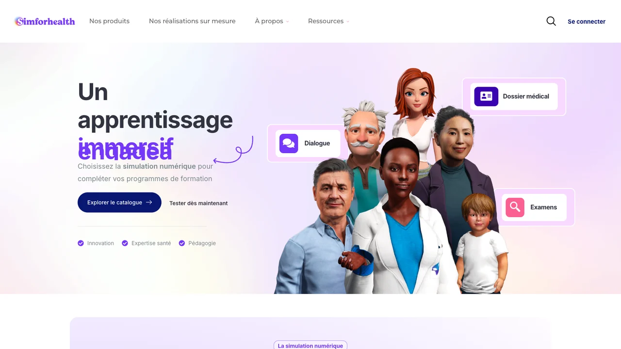 SimforHealth website homepage, showing its immersive digital simulation for healthcare training.