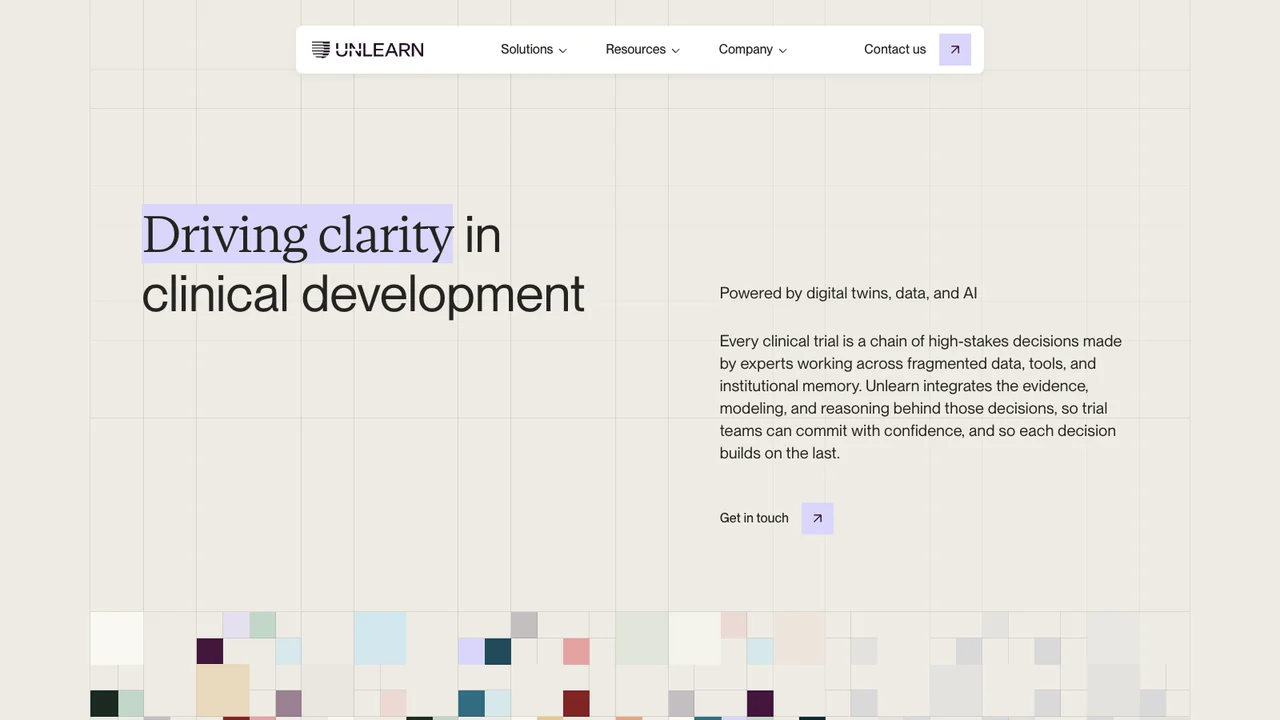 Unlearn website homepage, headed Driving clarity in clinical development, powered by digital twins, data and AI.